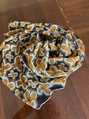 Stylish Floral Print Scarf in Mustard and Black by Vera sheer hand rolled